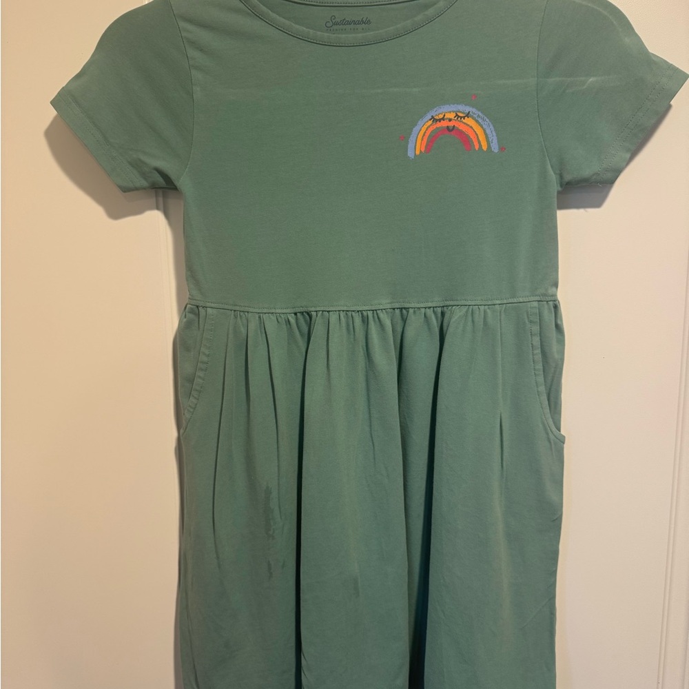 Pact Girls Sage Green Dress with Rainbow Patch